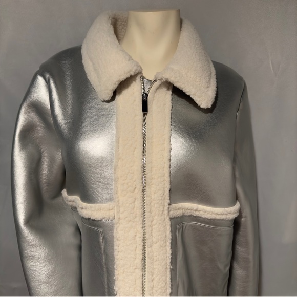 Silver Bomber Jacket Shearling Aviator Coat Steampunk Glam Rock Large - Picture 4 of 5